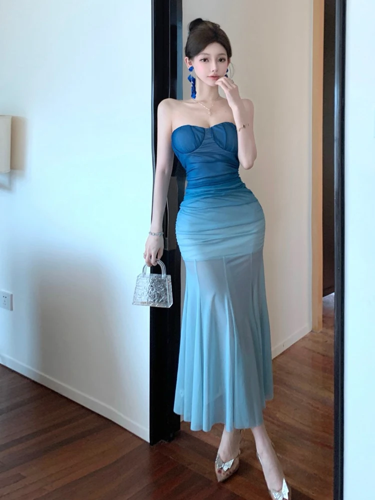 

Ele adient Color Длинное платье с открытыми плечами Сексуальная сетчатая юбка с запахом на хвосте и высокой талией Летняя мояльная цельная юбка