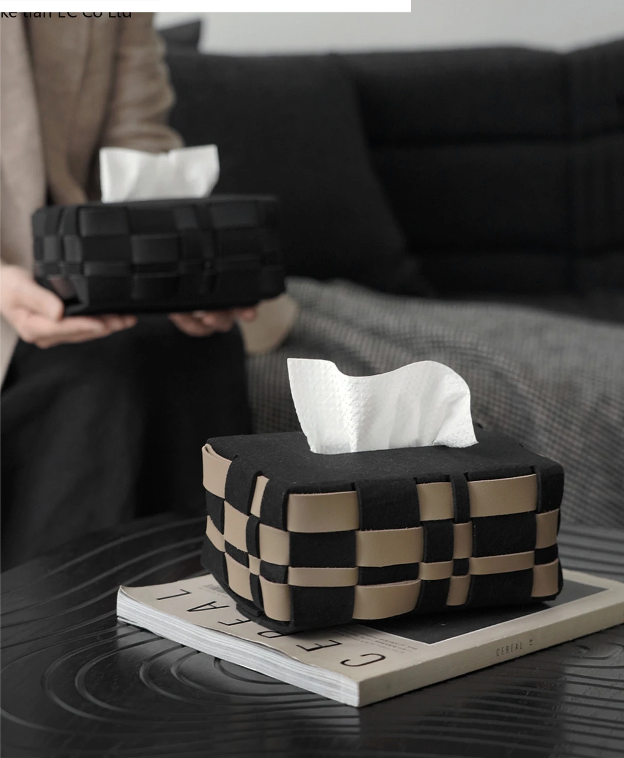 Checkerboard woven tissue box high-grade light luxury leather boxes home living room paper car holder