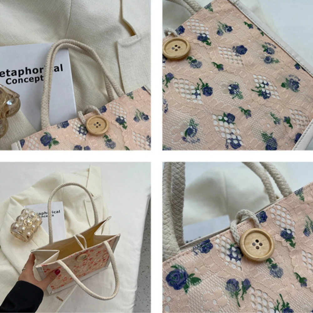 Korean Lace Embroidery Canvas Bag Mini Linen Tote Bag Women Cute Flower Printing Grocery Bag Vintage Button Camping Storage Bag