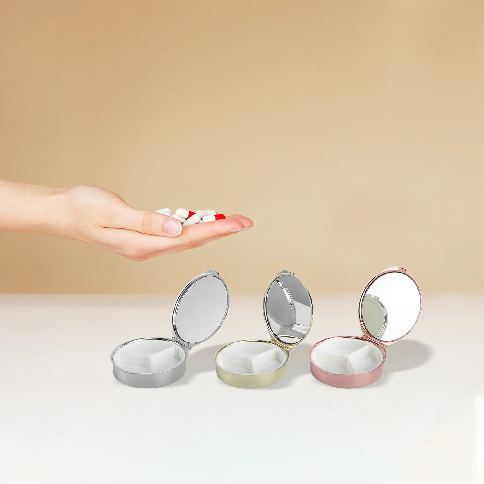 3Pcs Mirror Designed Metal Pill Organizer Portable Mini Medicine Storage Container with 3 Compartments Strong Seal Impact