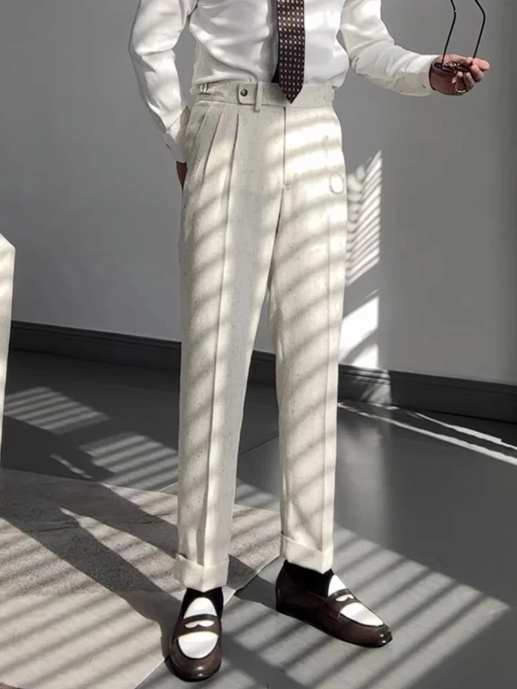 Naples Style High Waist Belt Woolen Trousers Men Fall Winter Solid Color Casual Pants For Mens Vintage Pleated Straight Trousers