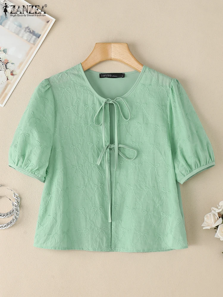 

ZANZEA Woman Bow-Embroidery Vacation Shirts Elegant Women Casual Cardigan Tops Tie-Front O-Neck Short Puff Sleeve Summer Tops