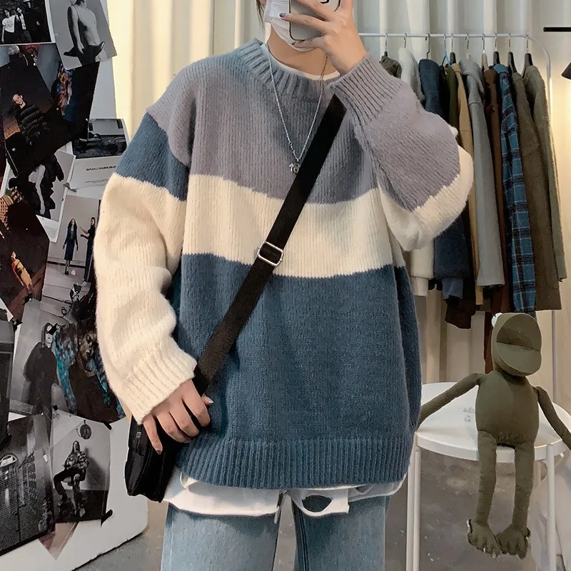 

Men's Sweater Autumn and Winter Warm Casual Contrast Color Trend Pullover Round Neck Loose Men's Top