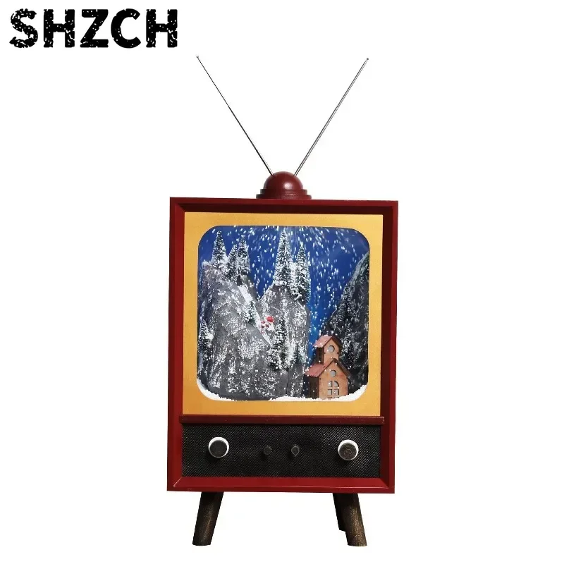 Old Fashioned Television Style Shake Snow Globe Figurine European Nostalgic Santa Skier Mini Diorama Desk Decorative Collectible