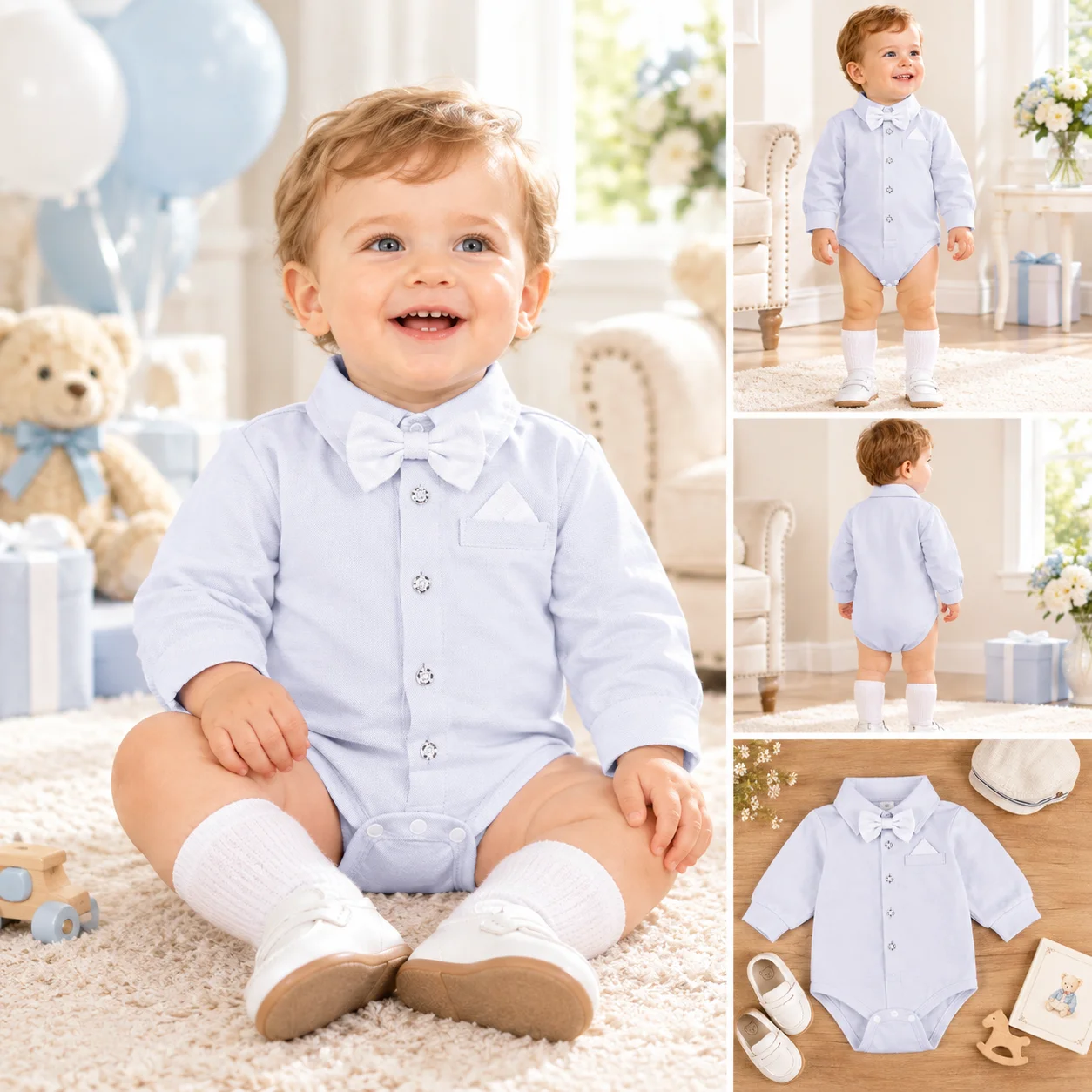 Baby Boy Romper 3-24M Formal Bow Tie Baptism Bodysuit Long Sleeve Gentleman Jumpsuit Newborn Birthday Party Clothes