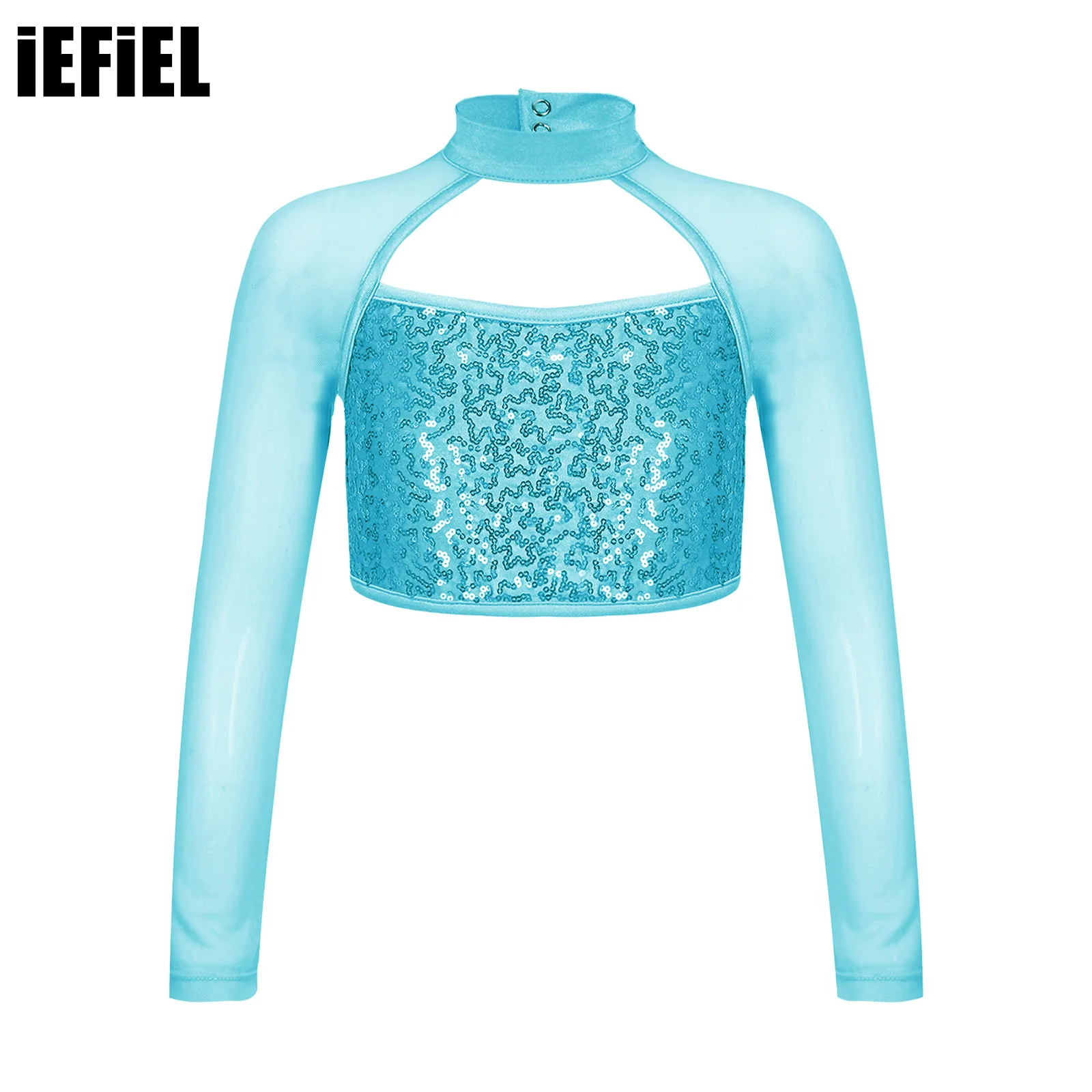 

Kids Girls Shiny Sequins Dance Tops Mesh Decorated Crop Top Long Sleeve Round Collar Hollow Stylish Clothing