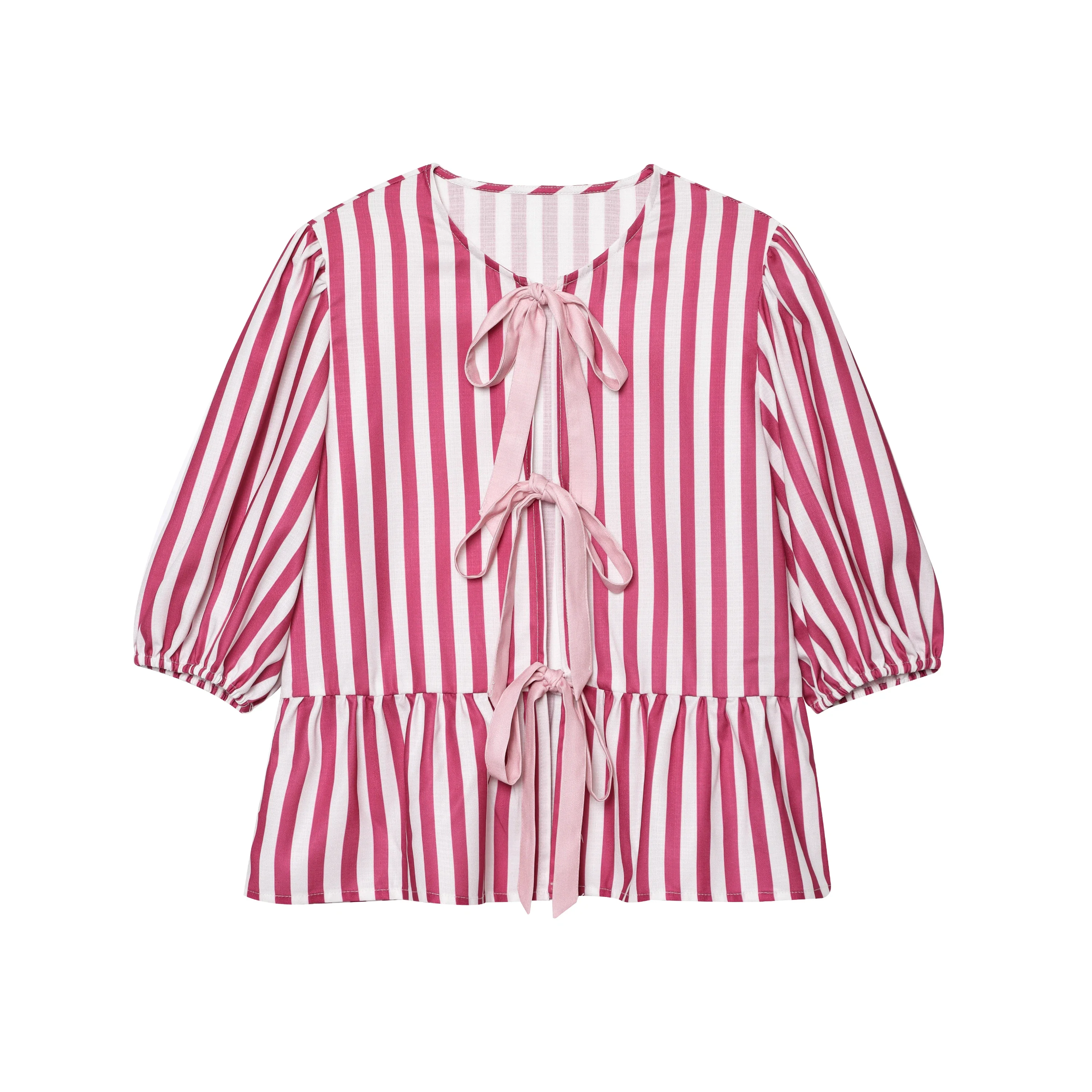 طقم شورت نسائي مكون من قطعتين مطبوع عليه مخطط حلو، بلوزة أنيقة بفيونكة مكشكشة، بدلة صيفية لقضاء العطلات على الشاطئ