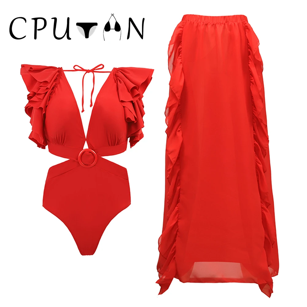 CPUTAN 2024 Red Ruffle Bikini Set With Cover Up Luxury Swimsuit Women Push Up Swimwear High Waist Monokini Brazylijski kostium kąpielowy