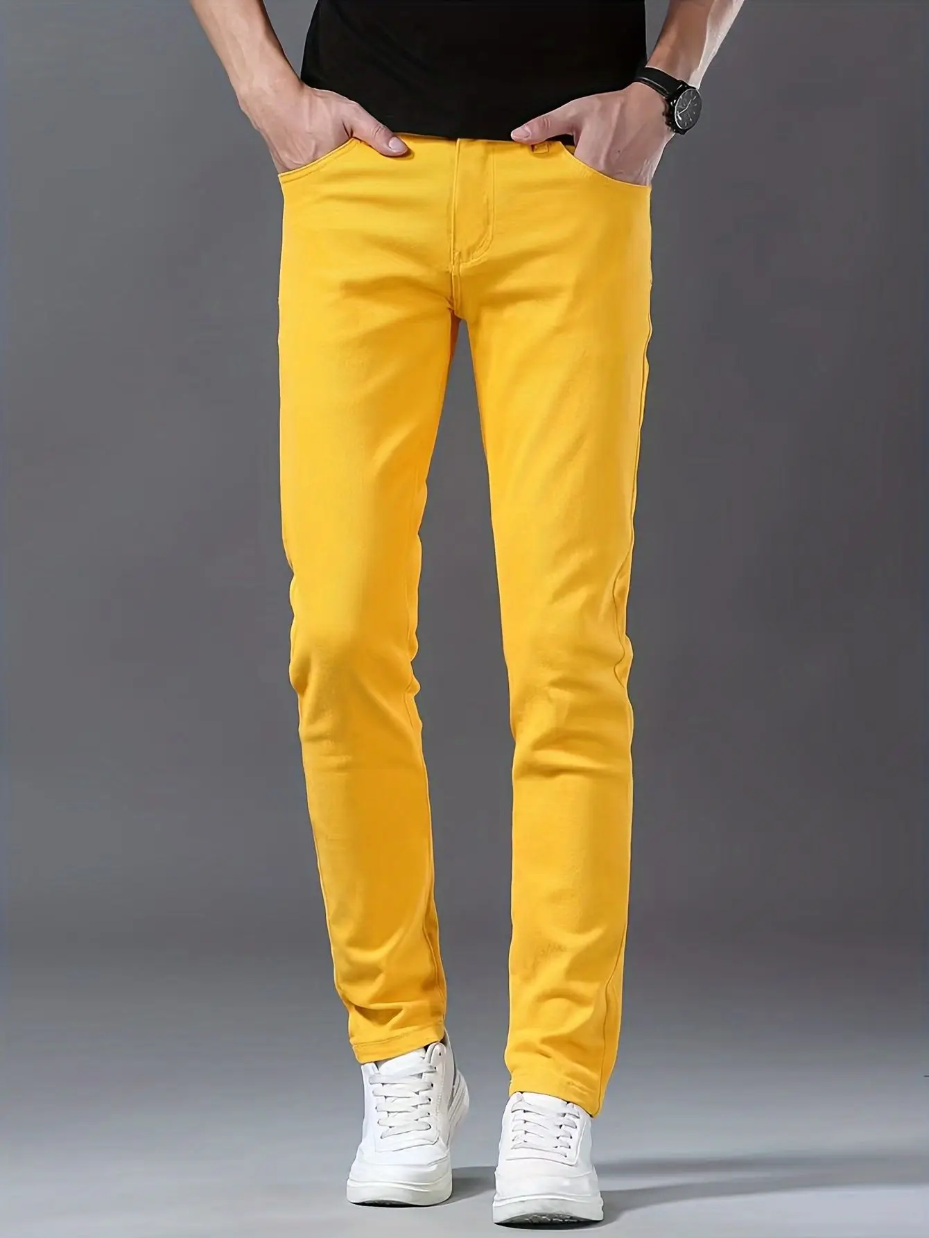 Men's Stretch Tight Jeans Simple Solid Color Basic Style Yellow Brown High Quality Wash Y2K Pants