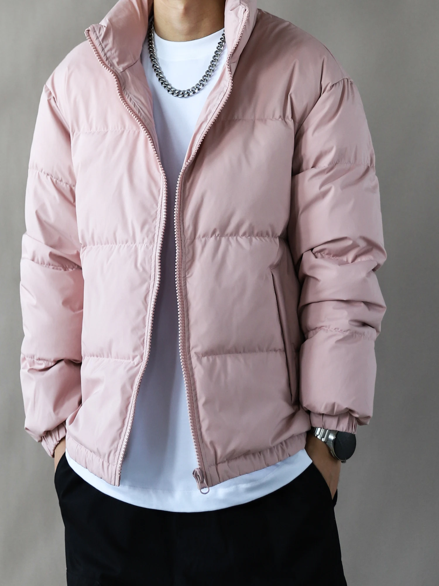 

Men's Thiened down Jaet Stand Collar Fce Lined Fluorine Resistant Warm Loose Fit Long Sve Zipper Closure Winter Coat