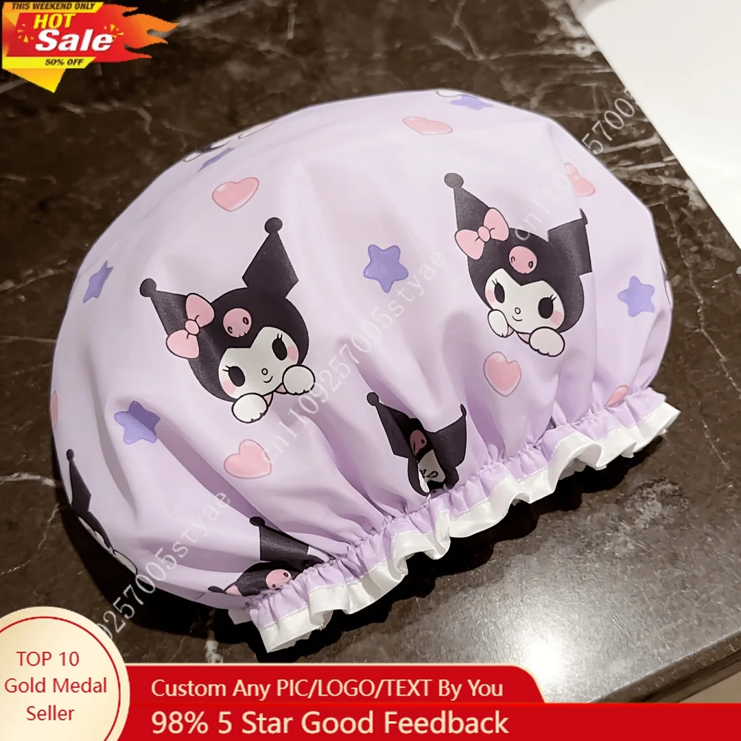 Sanrio Kuromi Shower Cap High-Quality Thickened Double-Layer Design Cartoon Heart and Star Pattern Women Household Shower