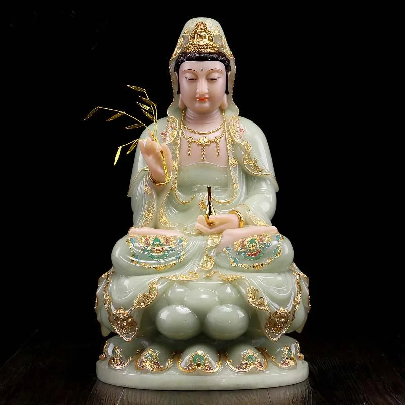 Luxury high gilding jade BUDDHA figure Goddess Guan yin GOD Avalokitesvara Asia HOME Prosperity Sculpture