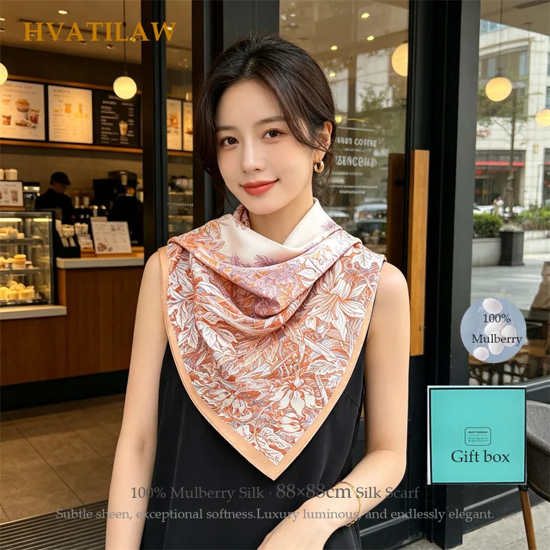 

Luxury 88x88cm Silk Scarf Hijab 100% Real Mulberry Silk Square Scarf for Women Designer Bandana Neckerchief Shawl Wrap Gift Box