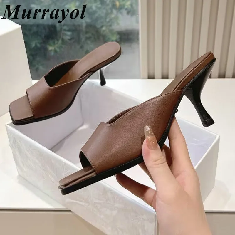 

New One Strap Solid Color Slippers Women Square Toe Genuine Leather kitten Heels Slippers Summer Vacation Shoes Dress Shoes