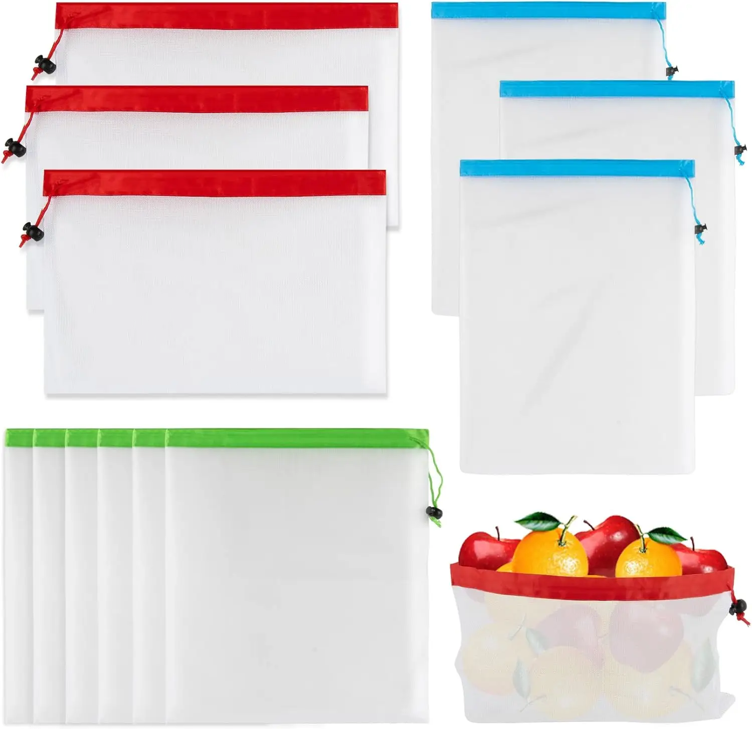 

12-Pack Reusable Mesh Produce Bags, Drawstring, Washable, Keep Fresh for Groceries, Fruits, Veggies, Storage
