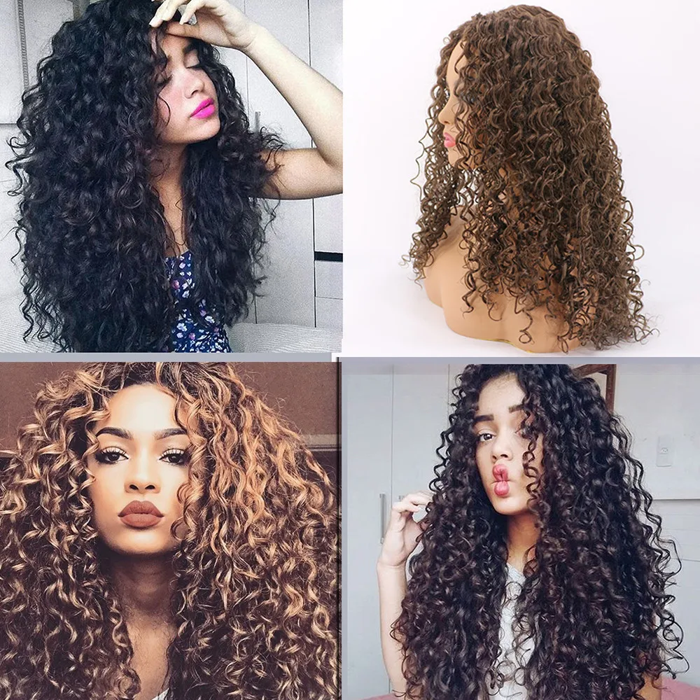 Peruki syntetyczne afro kinky curly średniej długości dla czarnoskórych kobiet, naturalne czarno-brązowe włosy w stylu water curl, odporne na ciepło włókno, peruki cosplay.