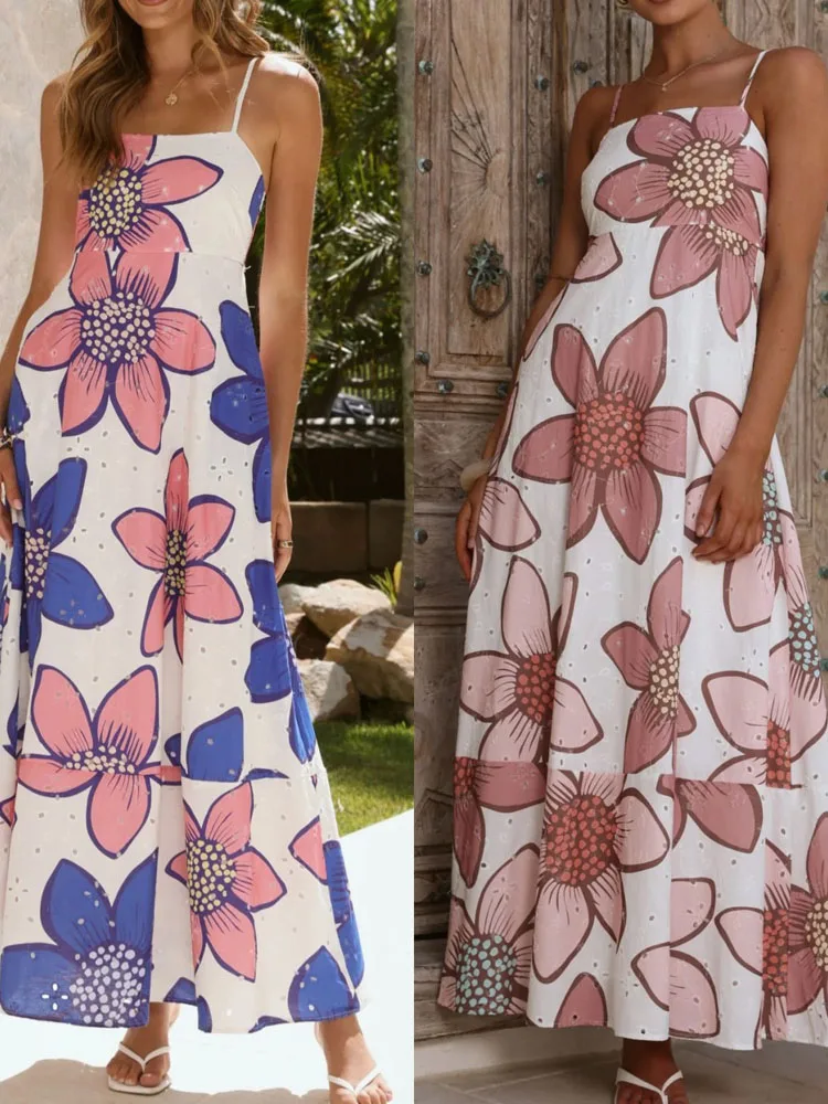 

Элегантное платье на бретельках с цветочным принтом, женское сексуальное платье с открытыми плечами для отпуска, модное длинное вечернее платье без рукавов с карманами