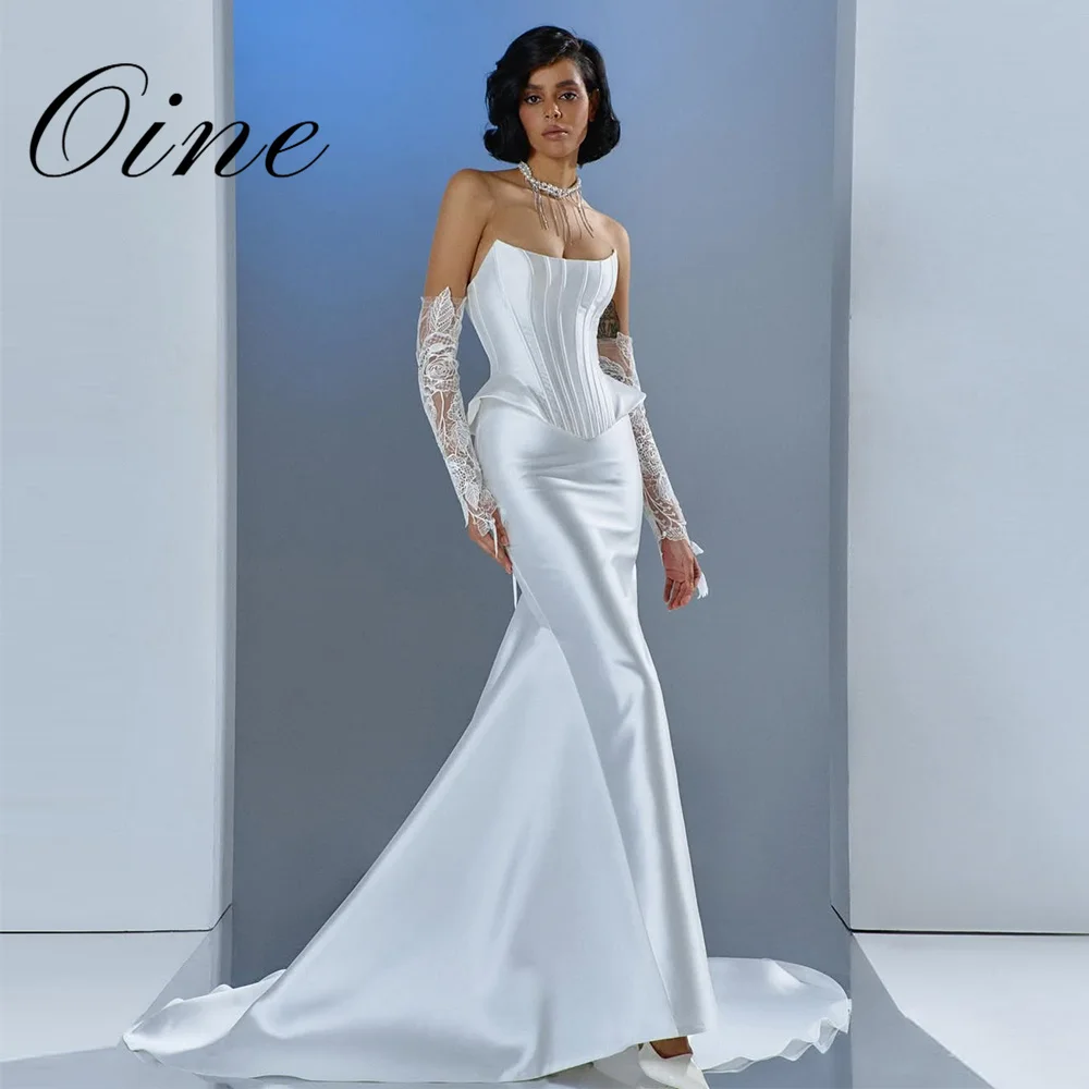 Oine 2026 Elegant Satin Wedding Party Dress with Court Train Strapless Sleeveless Pleat Mermaid vestidos de novia Customized