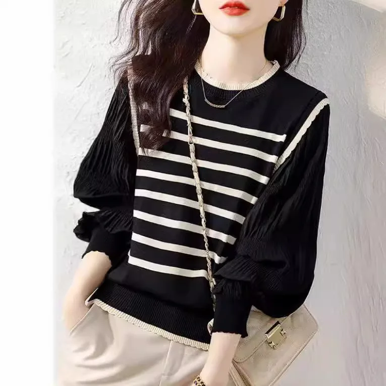 

Осенний французский стиль, новая мода, женские цветные полосатые повседневные модные свободные свитера с круглым вырезом и длинными рукавами, искусственный комплект из 2 предметов