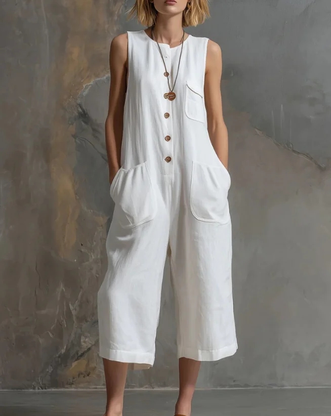 Jumpsuit Women 2026 Spring Summer New Solid Color Round Neck Sleeveless Pocket Design Loose Fit Casual Wide Leg Jumpsuit