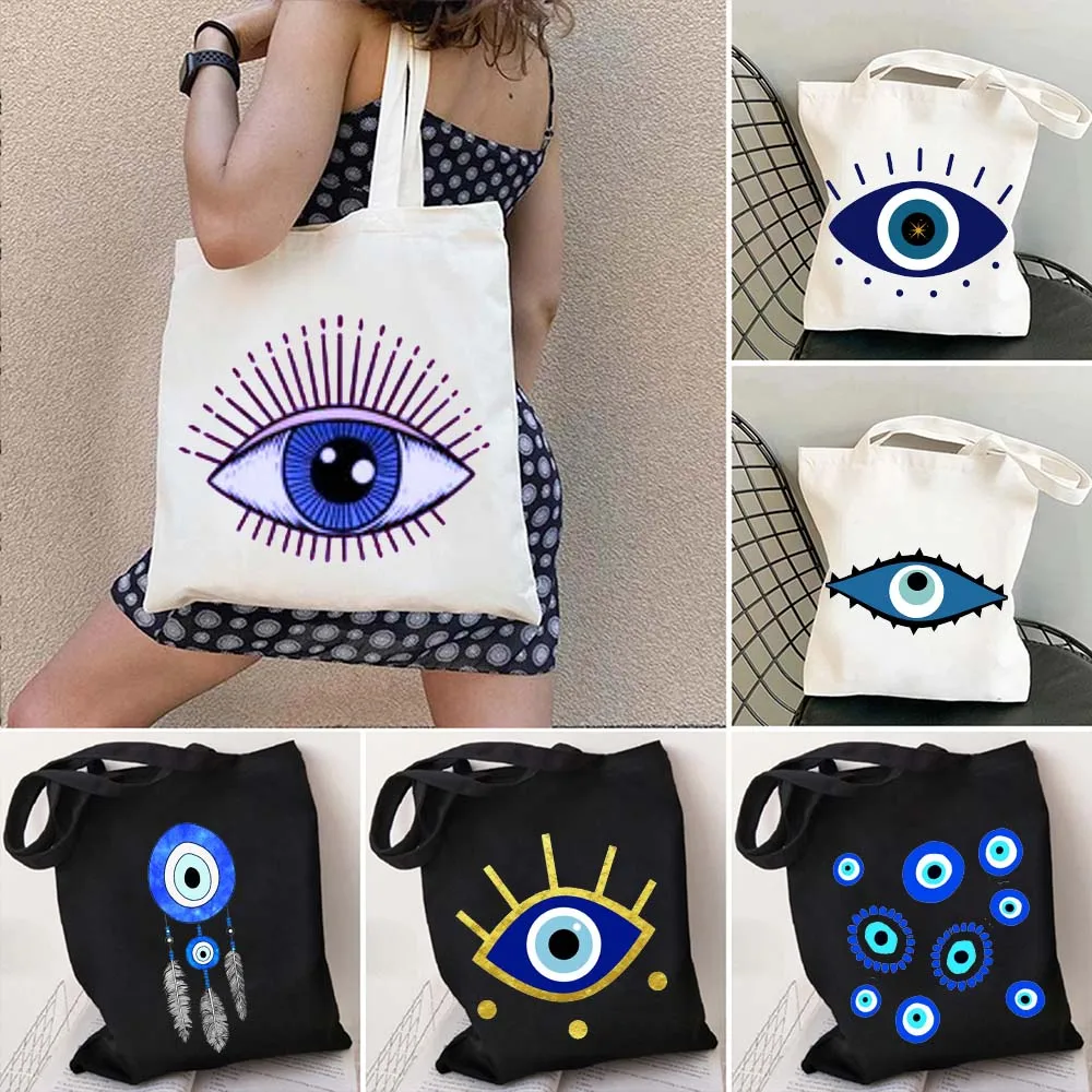 Colorful Evil Eyes Shopper Canvas Tote Bag Stylish Amulet The Blue Nazar Greek Evil Eye Bird Feather Eco Shoulder Cotton Handbag