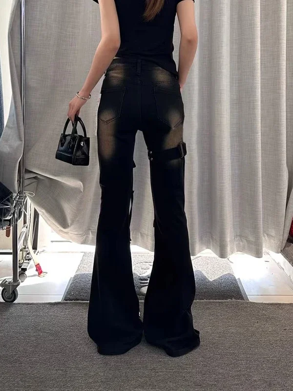 Amerikanische Retro High Street Mutil Taschen Gothic Punk Frauen Cargo Jeans 2025, Herbst Streetwear Vintage Micro Flared Denim Hosen