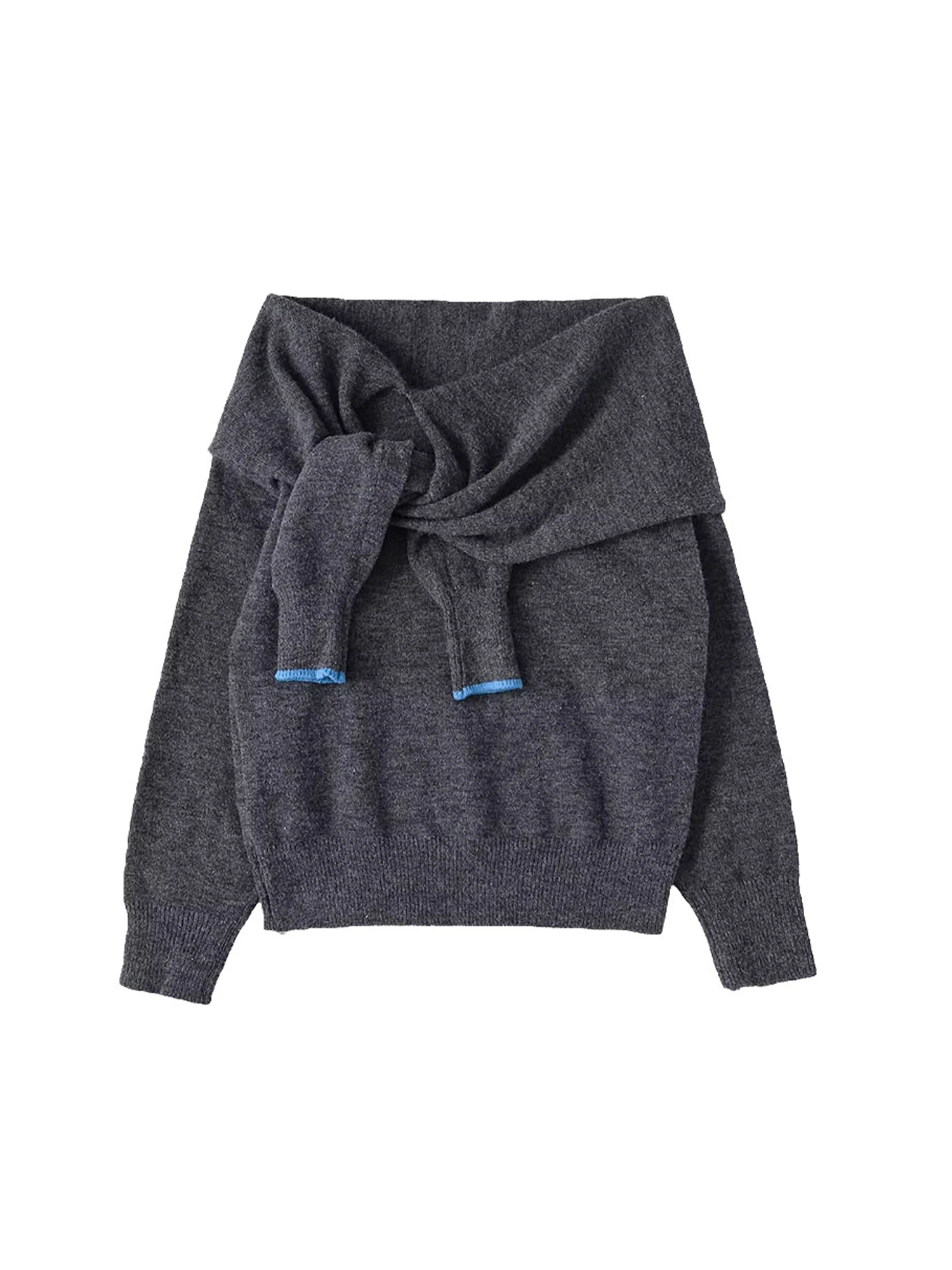 Women's Grey Pullover Sweater Vintage Casual Y2k Jumper Knit Slash Neck Long Sleeves Cashmere Sweater Autumn 2000s Clothes 2025