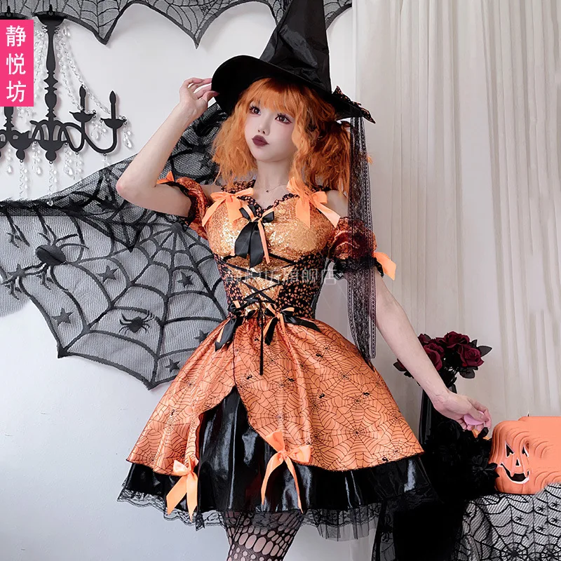 Adult Womens Halloween Orange Spiderweb Witch Cosplay Costume Black Hat Lace Up Mini Dress Fancy Outfit Stage Performance view 2