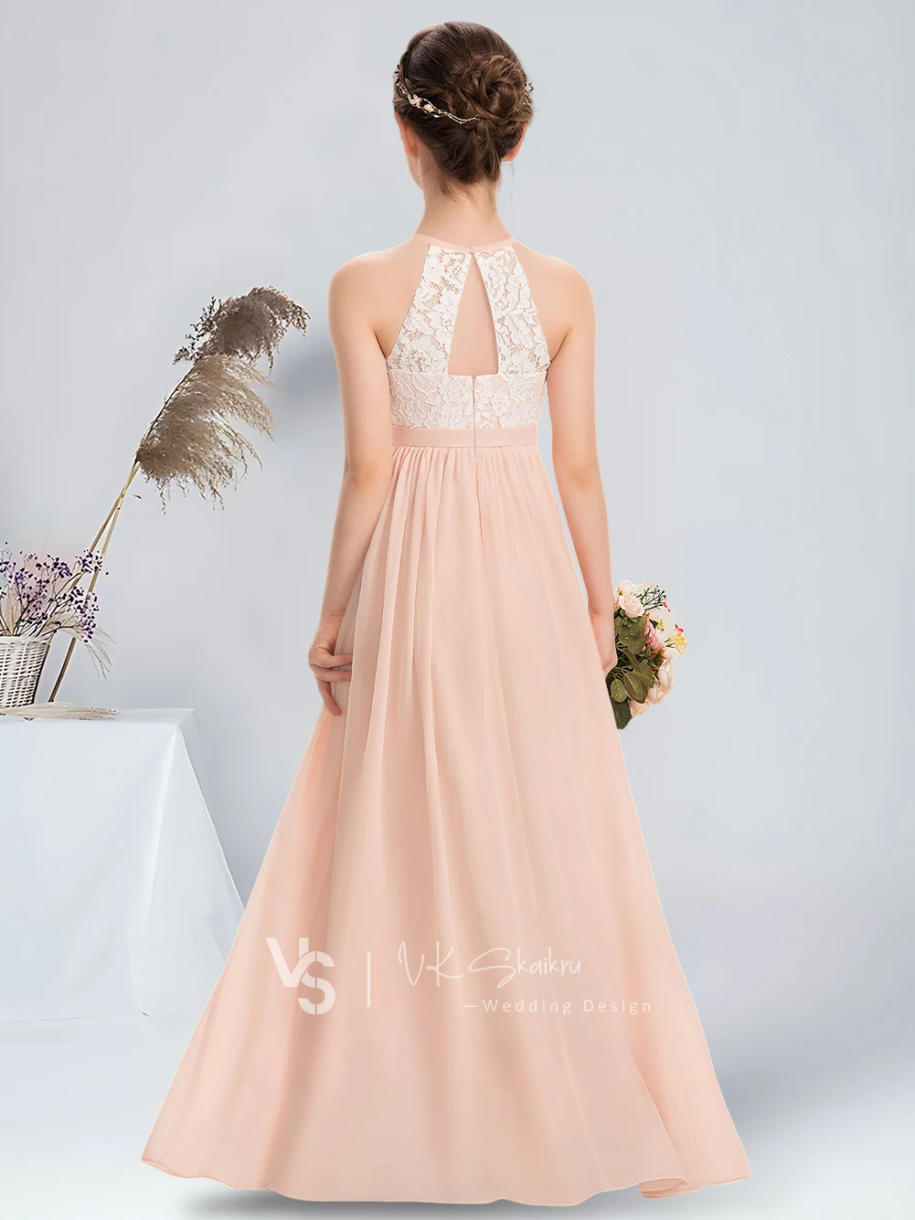 A-line Halter Floor-Length Chiffon Lace Junior Bridesmaid Dress Pearl Pink Flower Girl Dress for Wedding Party Dresses For Teens