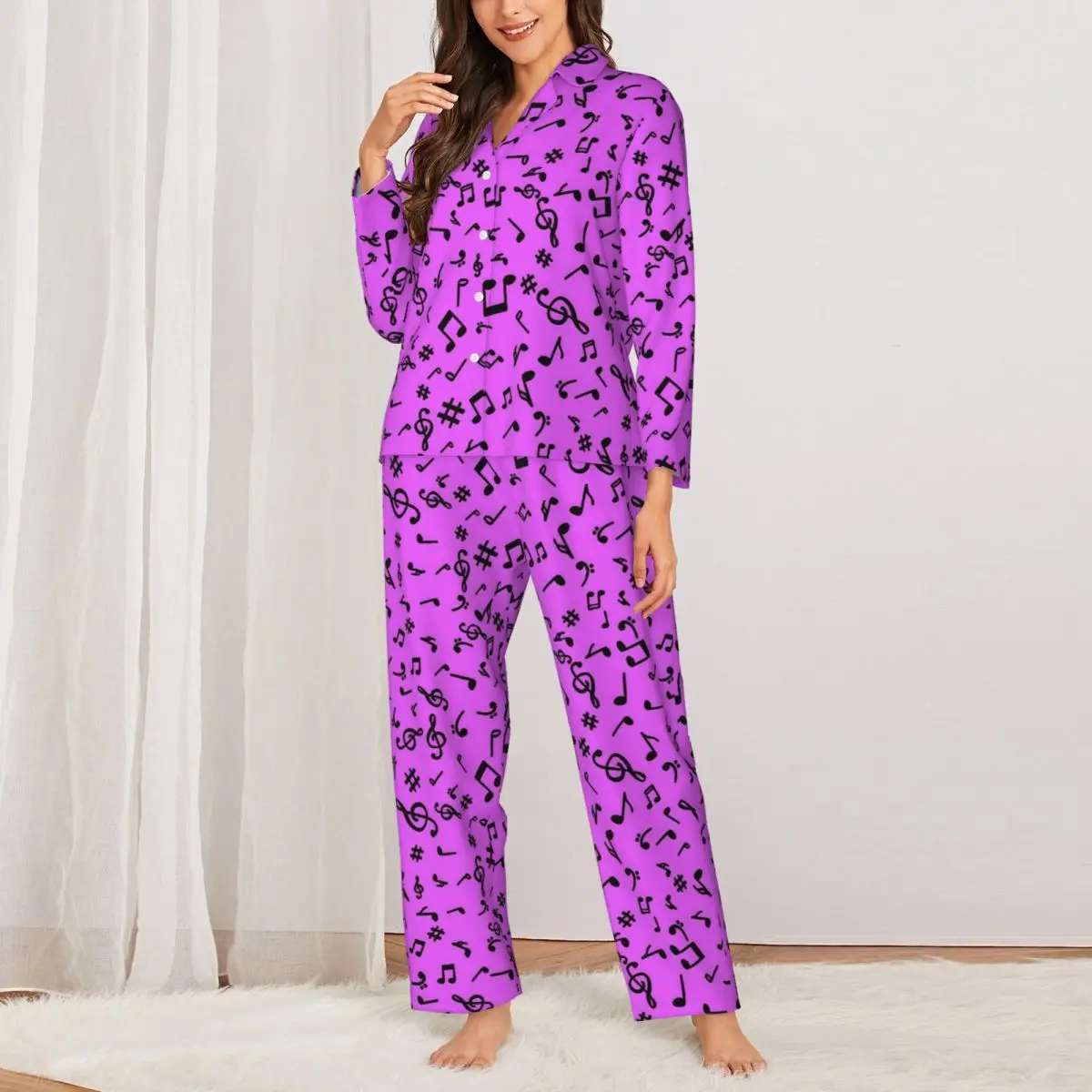 Music Notes Pajama Set Autumn Purple And Black Warm Bedroom Sleepwear Womens 2 Pieces Loose Oversize Pattern Nightwear Gift Idea