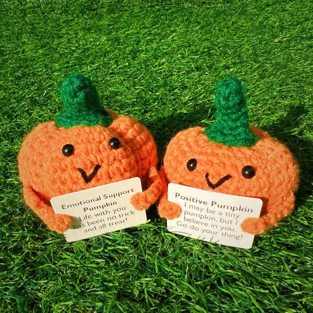 

Halloween Positive Energy Crochet Pumpkin Knitted Pumpkin Emotional Support Doll with Encouragement Card Fall Pumpkin Decor