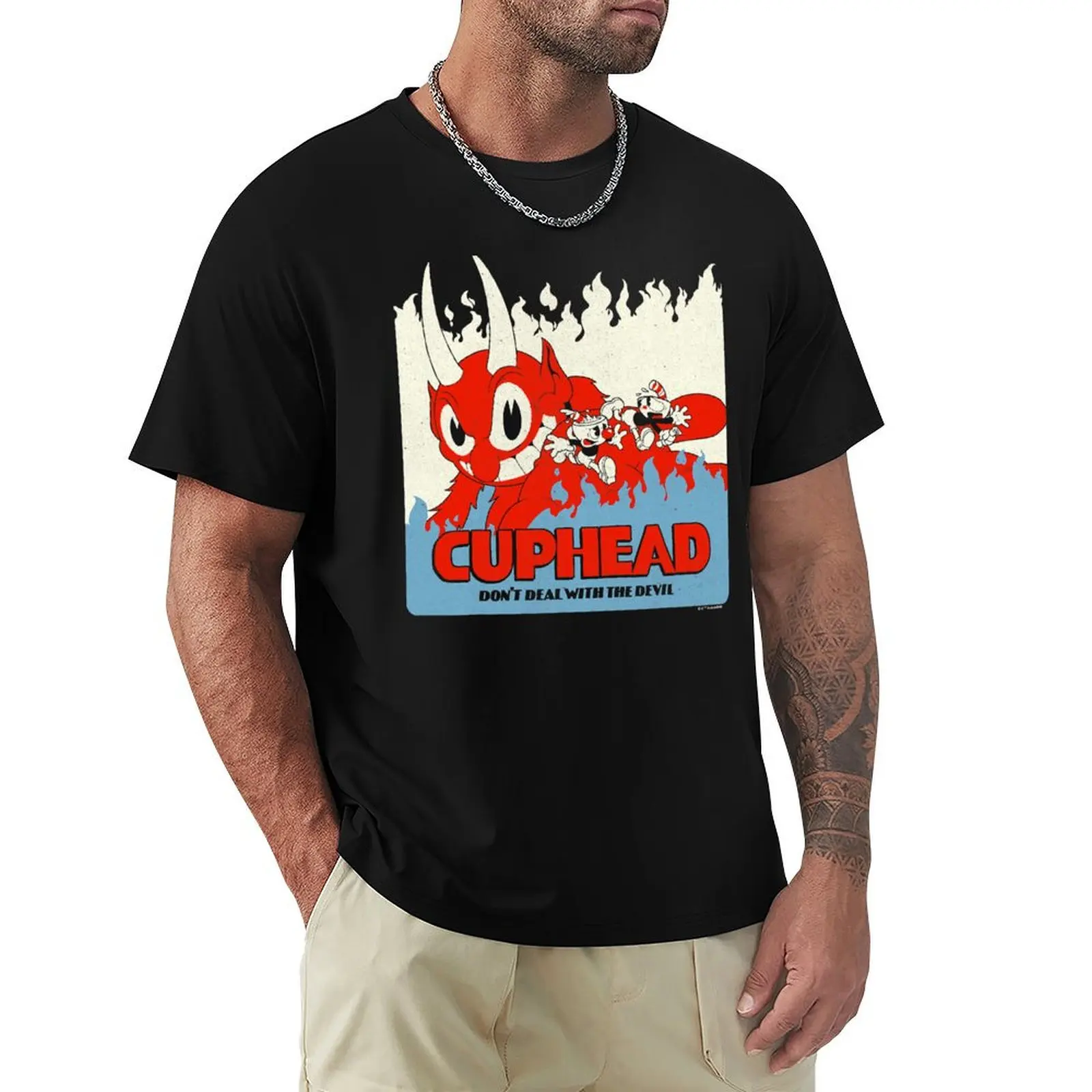 

Cuphead Don't Deal With the Devil Vintage Poster T-Shirt Big and Tall Crew Neck Tee