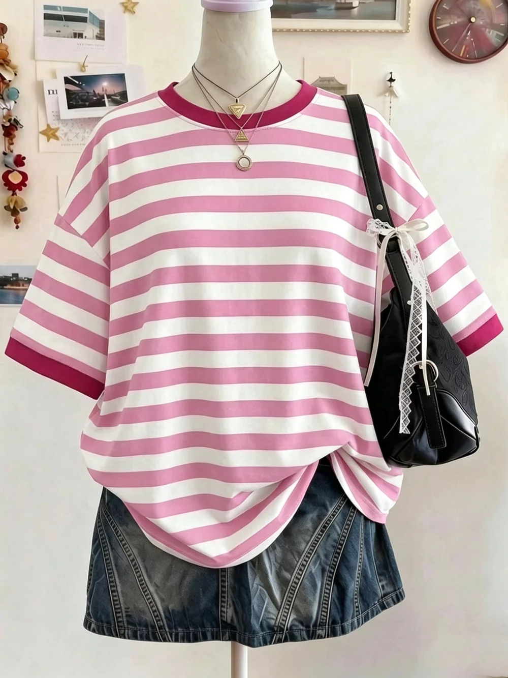 Bestseller # Damen-Oberteil mit Streifenmuster, kurzen Ärmeln, Kontrastfarben, Oversized-Schnitt, Beige, für den Sommer, lässig, für die Schule, modisch, elegant, im Y2K-Stil. – Detail 6