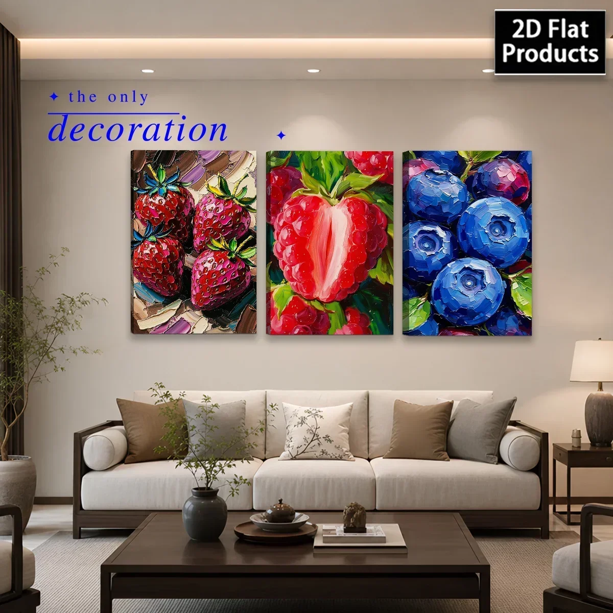 2D Flat 3pc Wood Frame Canvas Wall Art – Three paintings of strawberries raspberries and blueberries perfect for aesthetic wa
