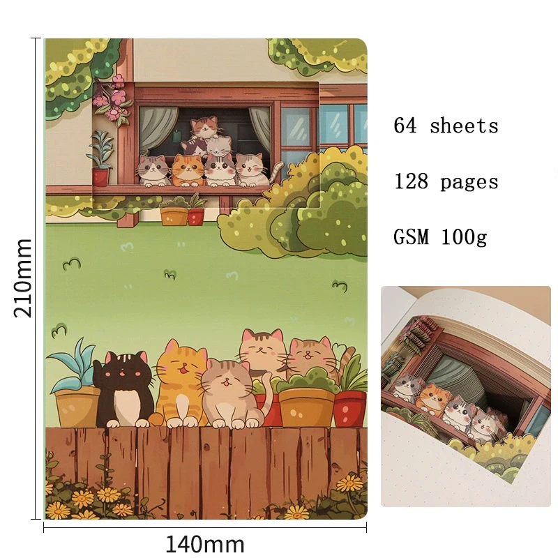 Notatnik A5 z papieru wycinanego 3D w kształcie kotka, dziennik z kreskówkami, prezent dla ucznia, zeszyt. — zdjęcie produktu 6