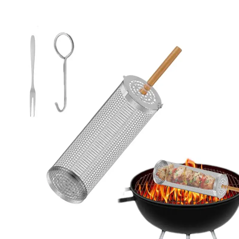 BBQ Basket Stainless Steel Rolling Grilling Basket Wire Mesh Cylinder Grill Basket Portable Outdoor Camping Barbecue Rack