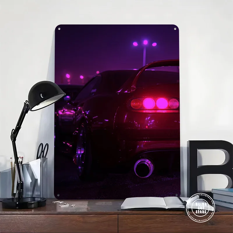Red Sports Car Night Metal Poster Customized Wall Art Retro Vintage Tinplate Signs for Man Cave Aesthetic Room Decor Men Home