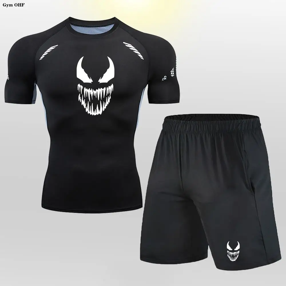 Männer T-Shirt Shorts Set Anime Kompression Sporta nzug Herren Kleidung Laufen Trainings anzug tragen Übung Training