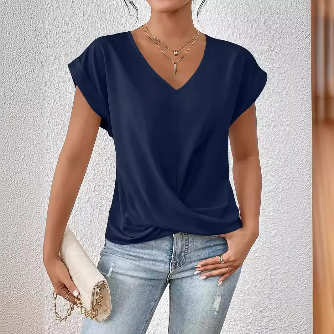 2025年新作 無地VネックTシャツ エレガント シンプル 半袖トップス 春夏 レディース