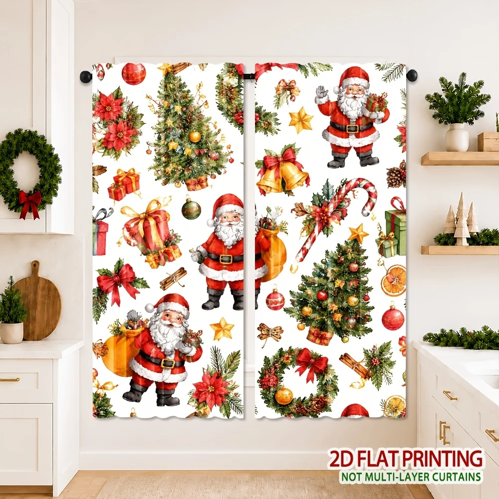 2PCS Christmas Curtains, Watercolor Santa Tree Gift Bell, Digital Print, Bedroom Living Room, Rod Pocket Polyester, Home Decor
