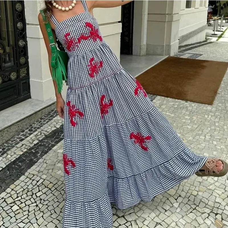المرأة لطيف مطرزة ماكسي فستان الشاطئ الصيف بوهو كشكش فستان طويل السباغيتي حزام فلوي ماكسي #2