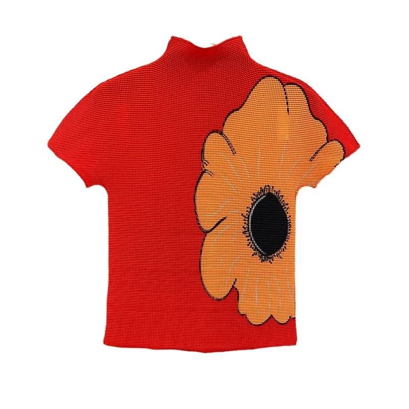 Miyake Short-sleeved Stand-up Collar Top Women' Pleated Summer New Skin-friendly High Elastic Large Size Thin Temperament Casual