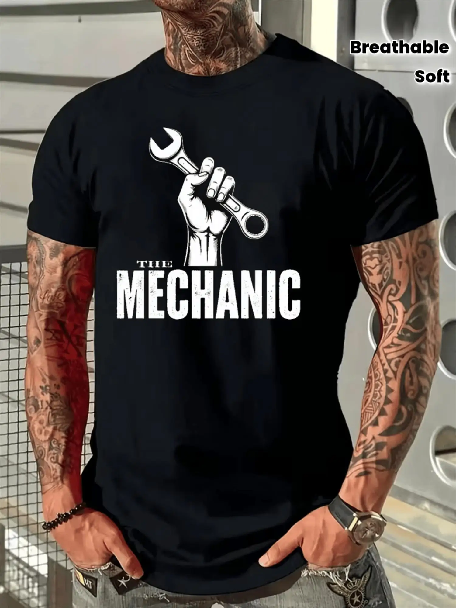 Men's Mechanical Pattern T-Shirt - Retro Style, Soft and Breathable, Suitable for Outdoor Leisure Sports, Eye-Catching Print Design, Round Neck, Short Sleeve Summer Shirt, Work T-Shirt