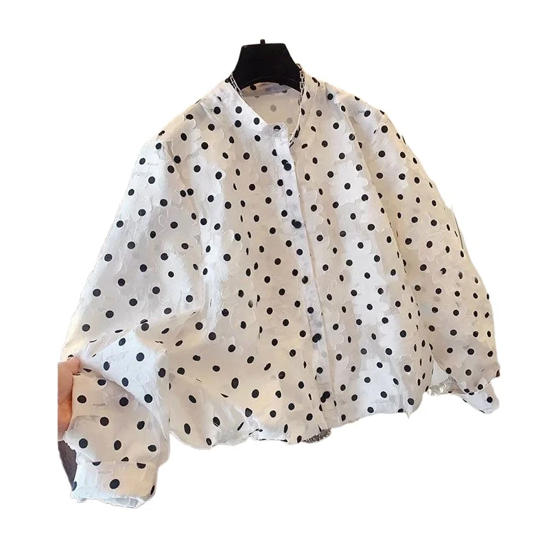 

Large Size Loose Cover Belly Slimming French Contrast Polka Dot Shirt Foreign Style Versatile Stand-up Collar Long Sleeve Shirt