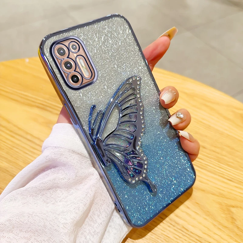 2024 New Phone Cases For Motorola Moto G9 Plus Protective Case Luxury Glitter Butterfly Girl Soft Silicone Back Cover Motog9plus