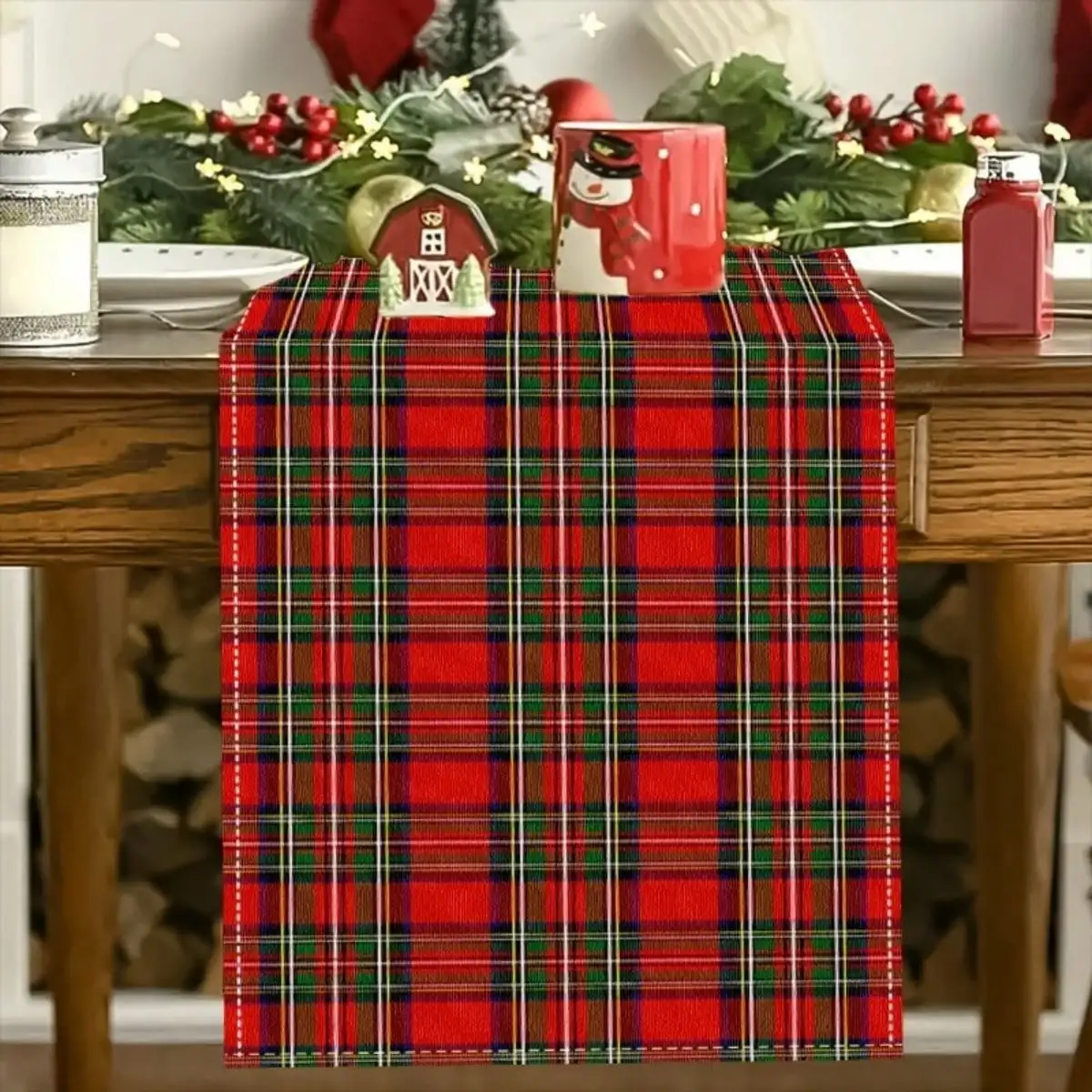 1pc Christmas Table Runner - Classic Green & Red Check Pattern, Durable Material, Rectangular Design For Festive Dining, Kitchen, And Outdoor Camping Decor, Perfect For Holiday Parties And Table Settings, Christmas Table Decorations