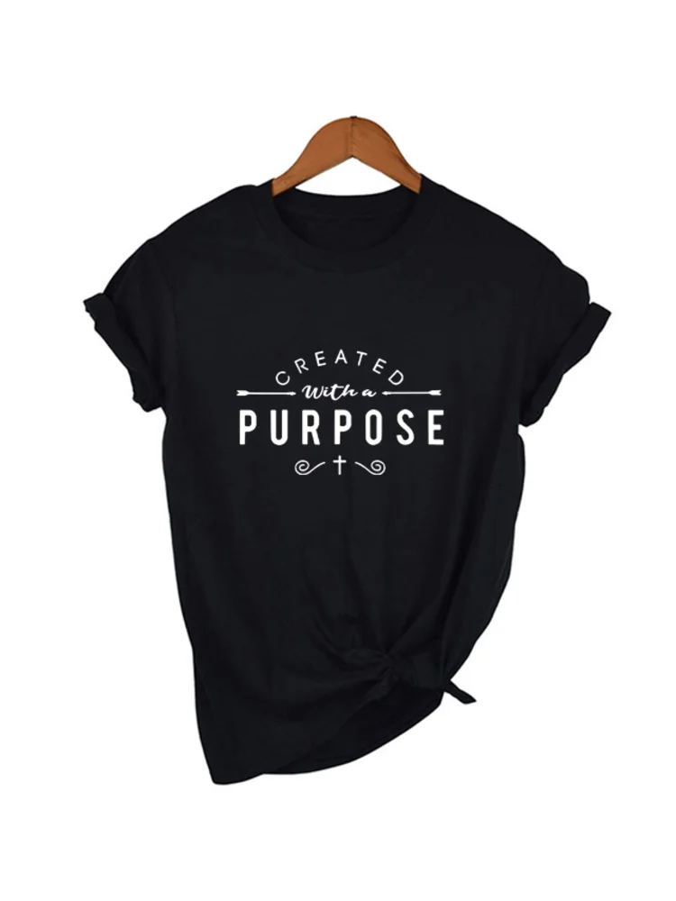 Created with A Purpose Cross T Shirts Casual Women Christian Faith Tee Shirt Femme Tumblr Grunge Short Sleeve Top Drop Shipping