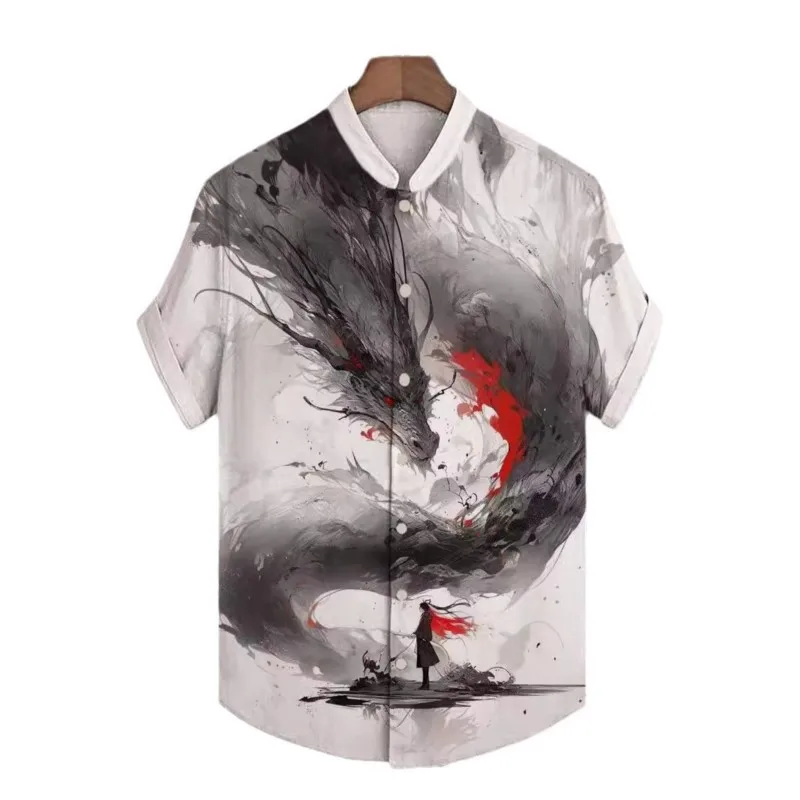 New men's shirt with animal print pattern fashionable short sleeved street collar shirt casual and comfortable style mens summer