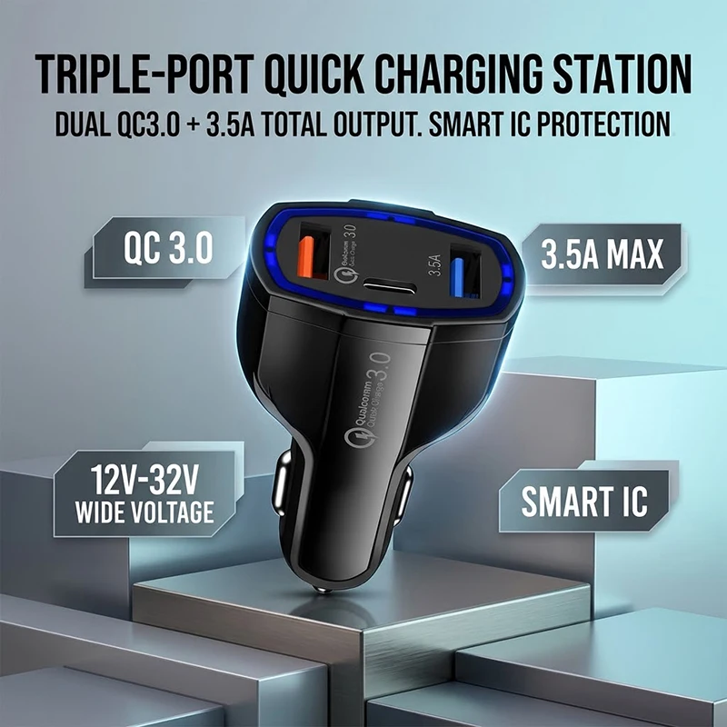 3-Port Auto Car Charger QC 3.0 Dual USB Type C Fast Charging Adapter 7A High Current Intelligent Multi Plug For 12V-32V Vehicle