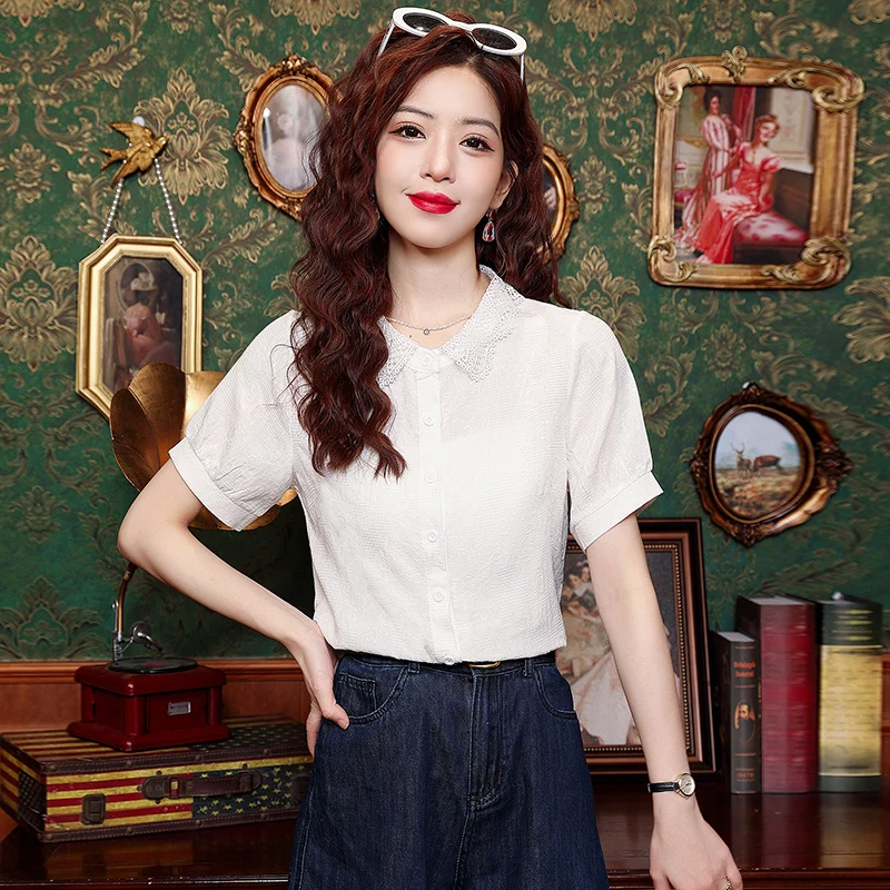 Summer New Fashion Elegant Short Sleeve Slim Shirt Lace Collar Blouse Tops